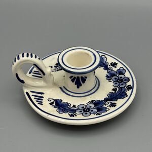 Vtg Delft Blue and White Single Taper Candle Holder Floral with Handle 4" Diam